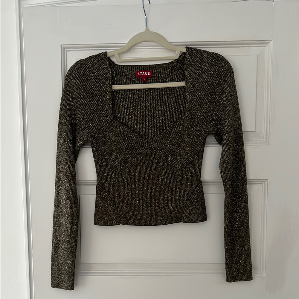 STAUD Metallic Brown Knit Bustier Top